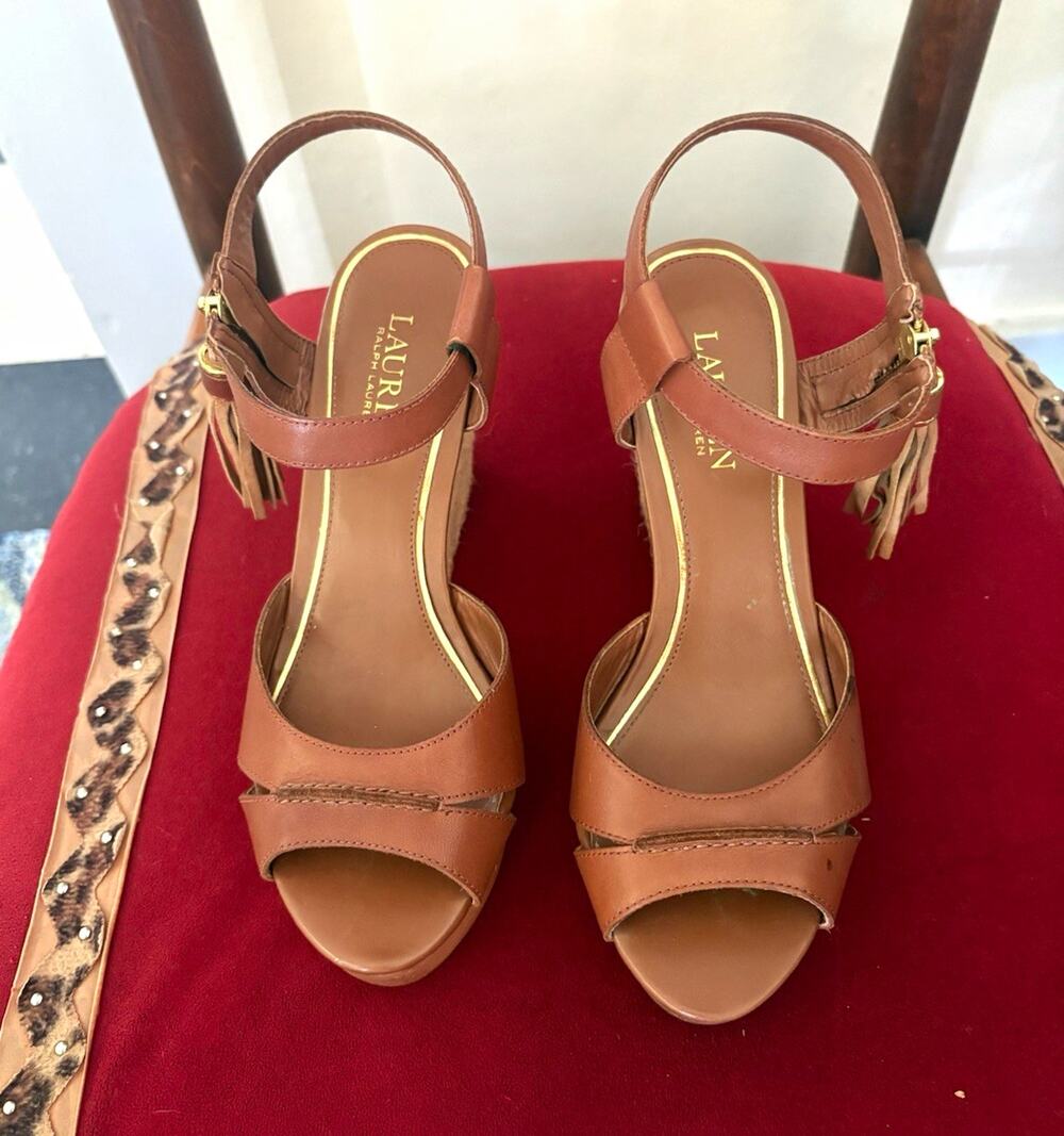Lauren Ralph Lauren Women’s 8 Brown Leather Wedge Sandals Tassel